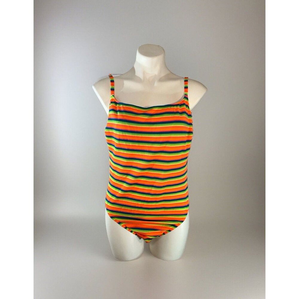 CORAL KEY Orange blue striped One Piece Bathing Swimsuit Womens size 12 Swimwear